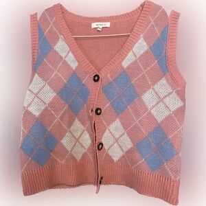 WOMENS LARGE SHORT CROP SWEATER VEST PINK PLAID